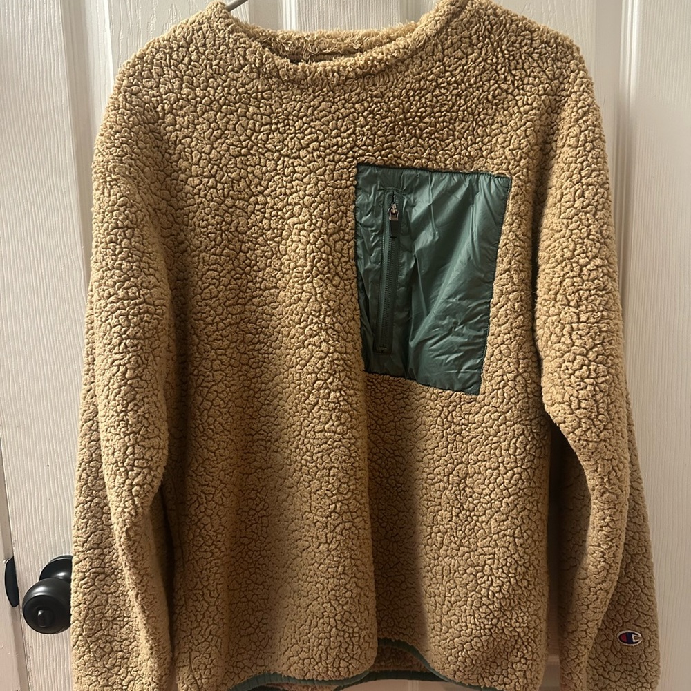 Champion Beige Sherpa Fleece with Olive Green